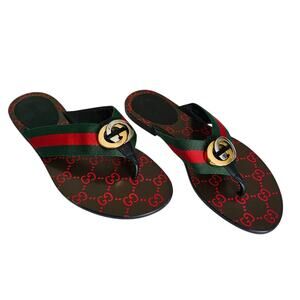 Gucci GG Kika Web Stripe Flat Thong Sandal Flip Flop Red Green Brown Size 37 US7